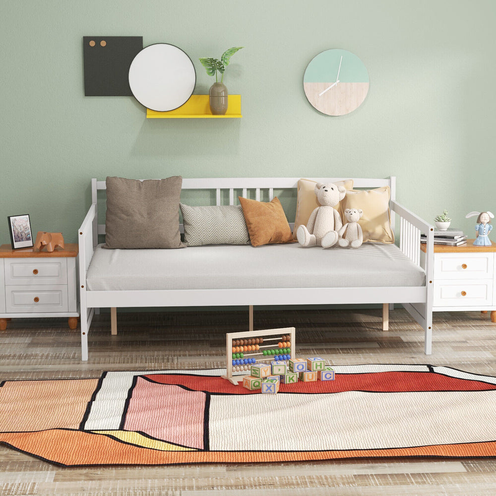 Wooden full-size daybed frame in white with guardrails, styled as a sofa, ideal for bedrooms or guest rooms.