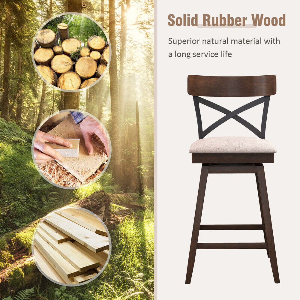 Wooden swivel bar stool with cushioned seat and open X back, made of solid rubber wood, ideal for kitchen islands or.