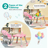 Convertible baby high chair in pink with two tabletop designs for versatile use as a table and chair for kids.