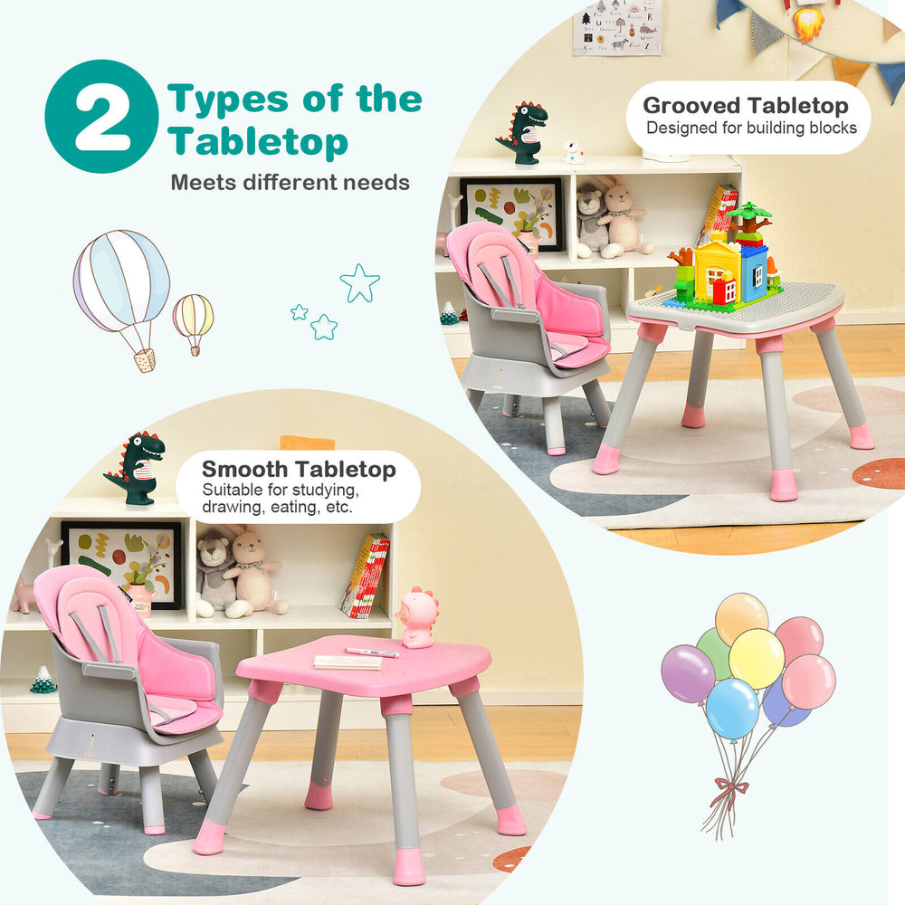 Convertible baby high chair in pink with two tabletop designs for versatile use as a table and chair for kids.