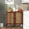 Walnut kitchen sideboard with 2 rattan doors, adjustable shelf, and sturdy metal legs, perfect for dining or entryway.