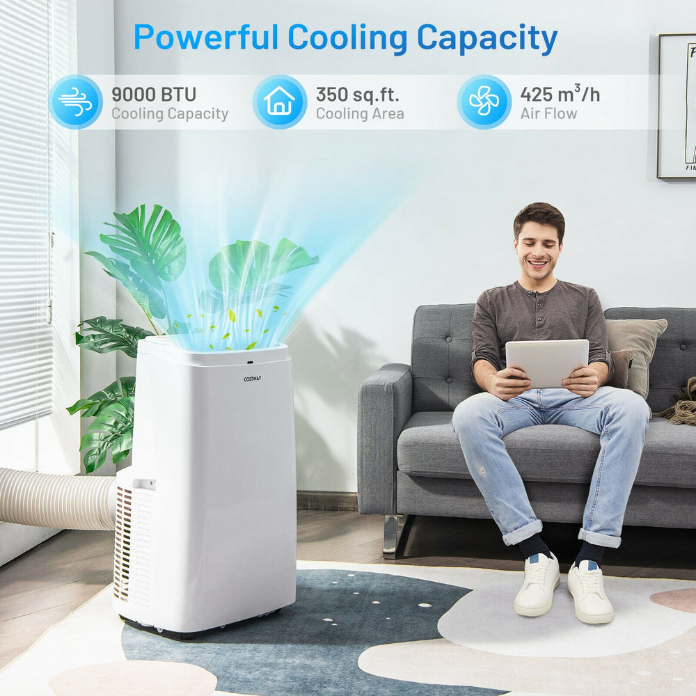 9000BTU portable air conditioner in white, showcasing cooling capacity and remote control, ideal for bedrooms and small.