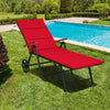 Red folding patio lounge chair with wheels, made of PE rattan and aluminum, ideal for poolside relaxation.