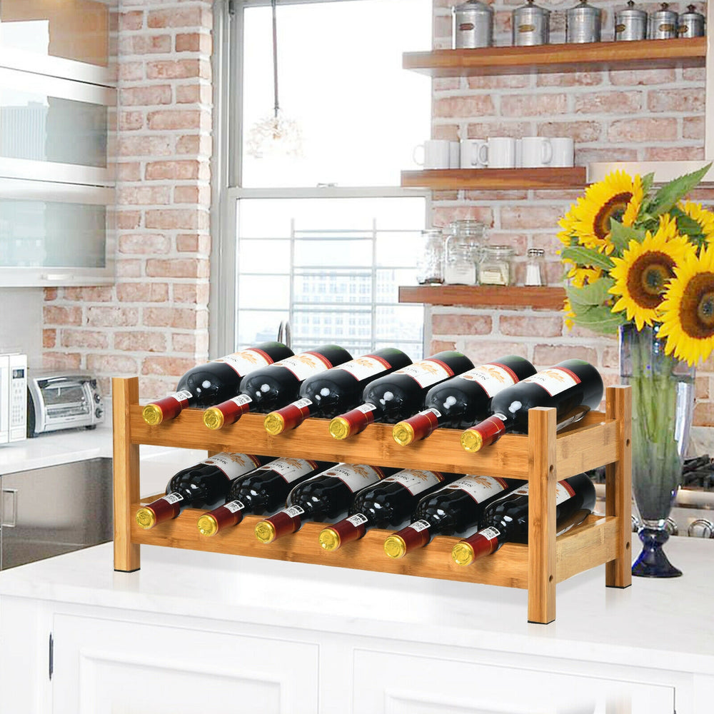 Bamboo 2-tier wine rack holding 12 bottles, designed for elegant storage in kitchens or dining rooms.