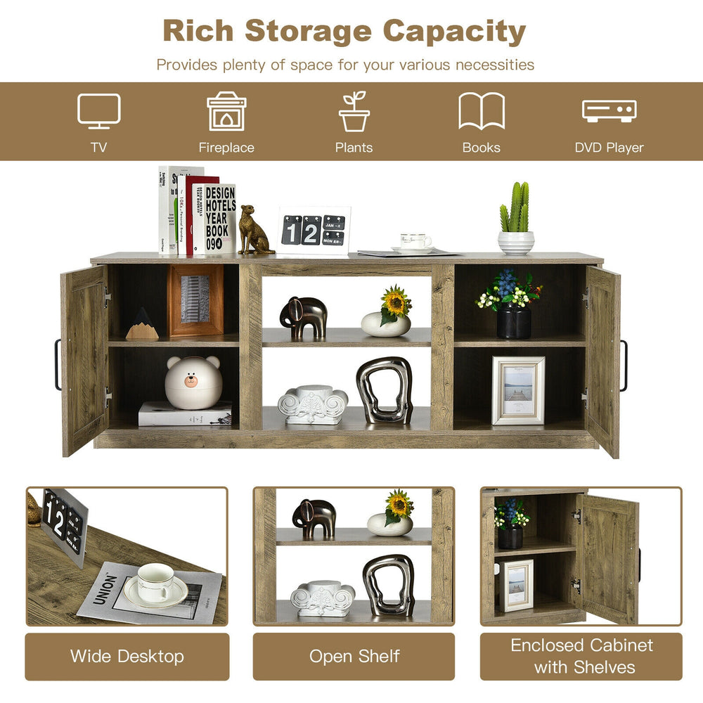 58-inch TV stand with faux fireplace, featuring adjustable shelves and enclosed cabinets for versatile storage.