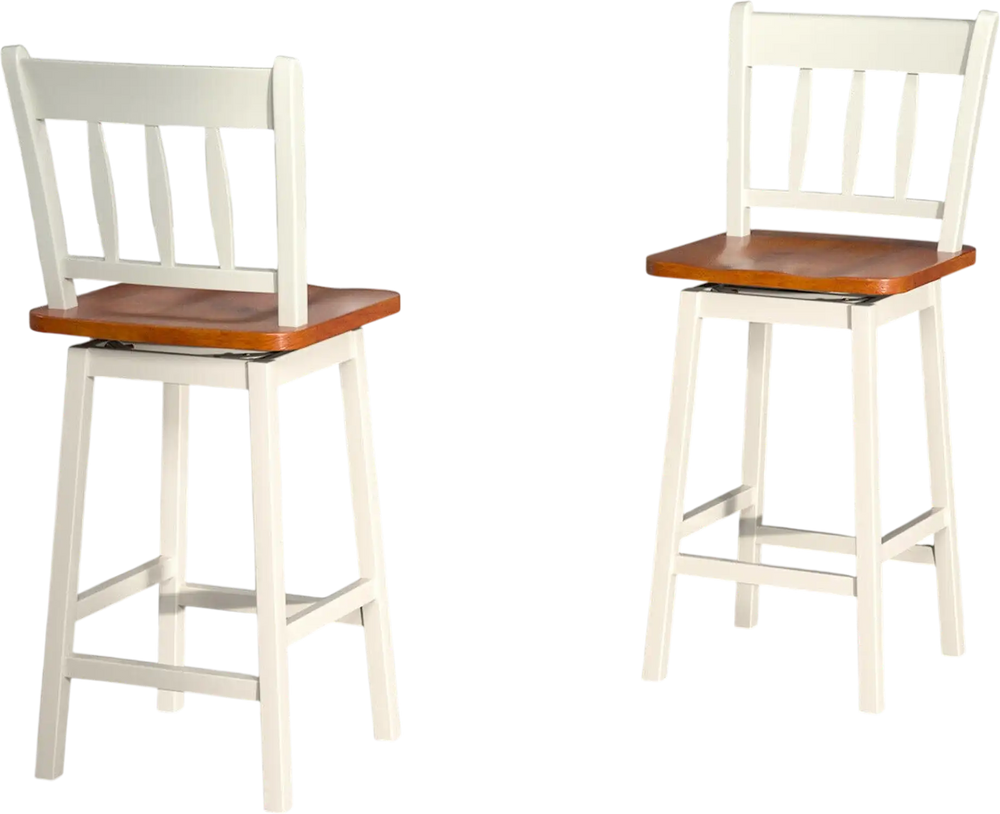 Set of 2 vintage swivel bar stools with 360° rotation, solid rubberwood frame, ideal for kitchen or dining areas.
