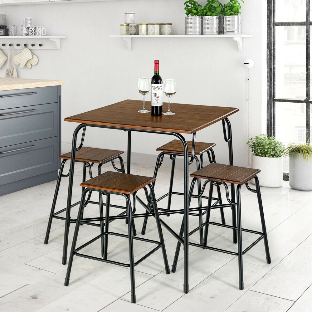 5-piece bar table set featuring a rustic brown square tabletop and 4 backless stools for dining in kitchens or cafes.