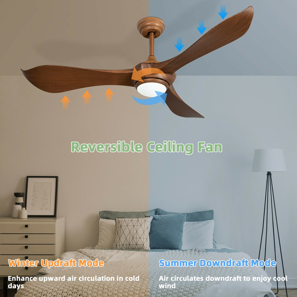 52-inch reversible ceiling fan with light, walnut blades, remote control, suitable for living room or bedroom use.