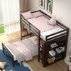 Twin over twin loft bunk bed in dark brown with a bookcase, perfect for space-saving in small rooms.