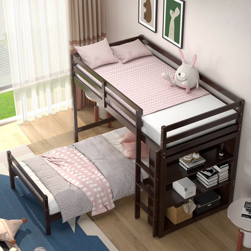 Twin over twin loft bunk bed in dark brown with a bookcase, perfect for space-saving in small rooms.
