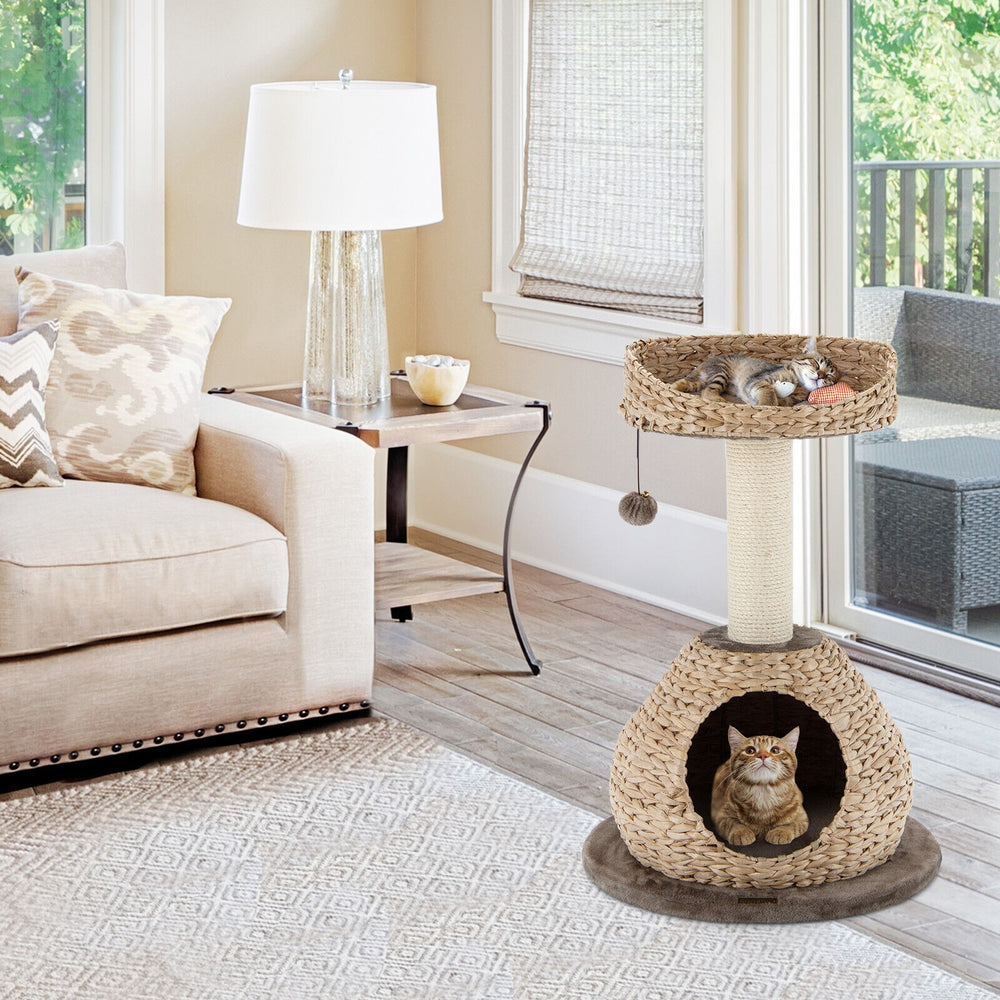 Hand-made 28-inch cat tree tower in coffee color with a cozy cat house, sisal scratching post, and detachable cushions.