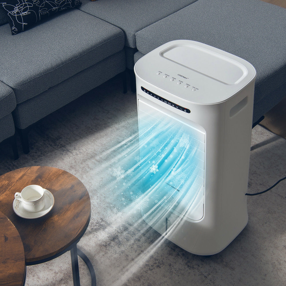 4-in-1 portable evaporative air cooler in white, featuring adjustable oscillation and a 10L water tank for effective.