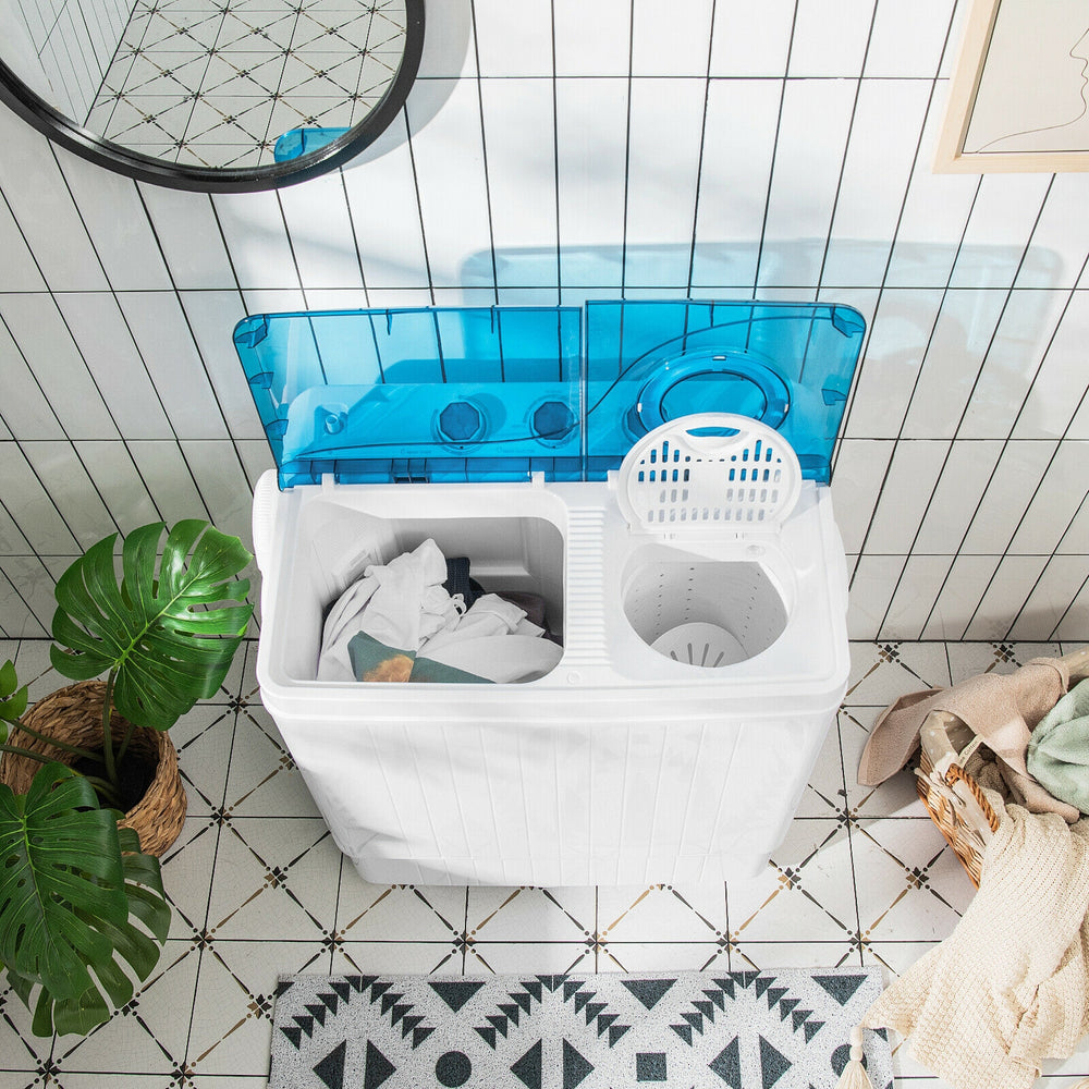 Portable semi-automatic twin tub washing machine in blue, featuring dual tubs for efficient washing and spinning.