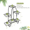 6-tier black iron plant stand with adjustable foot pads, designed for indoor and outdoor plant display and organization.