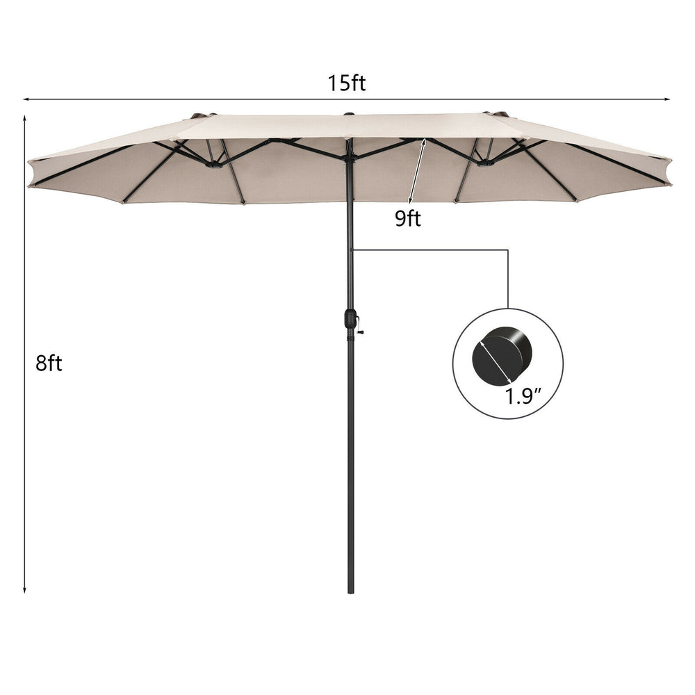 15-foot double-sided patio umbrella in beige with a hand-crank system, ideal for creating a large shaded area outdoors.