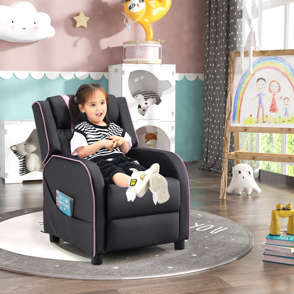 Kids recliner chair in pink with adjustable backrest, footrest, and side pockets for books and snacks, perfect for.