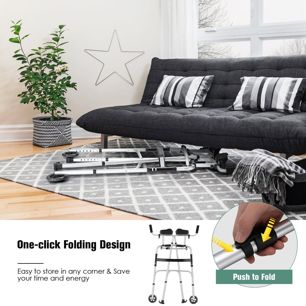 Height adjustable rollator walker with seat and armrest pad, featuring a one-click folding design for easy storage.