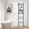 Over the Door Pantry Organizer Rack showcasing six different basket depths for versatile storage above a bath.