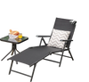 Foldable black chaise lounge chair with adjustable backrest and footrest, perfect for outdoor relaxation by the.