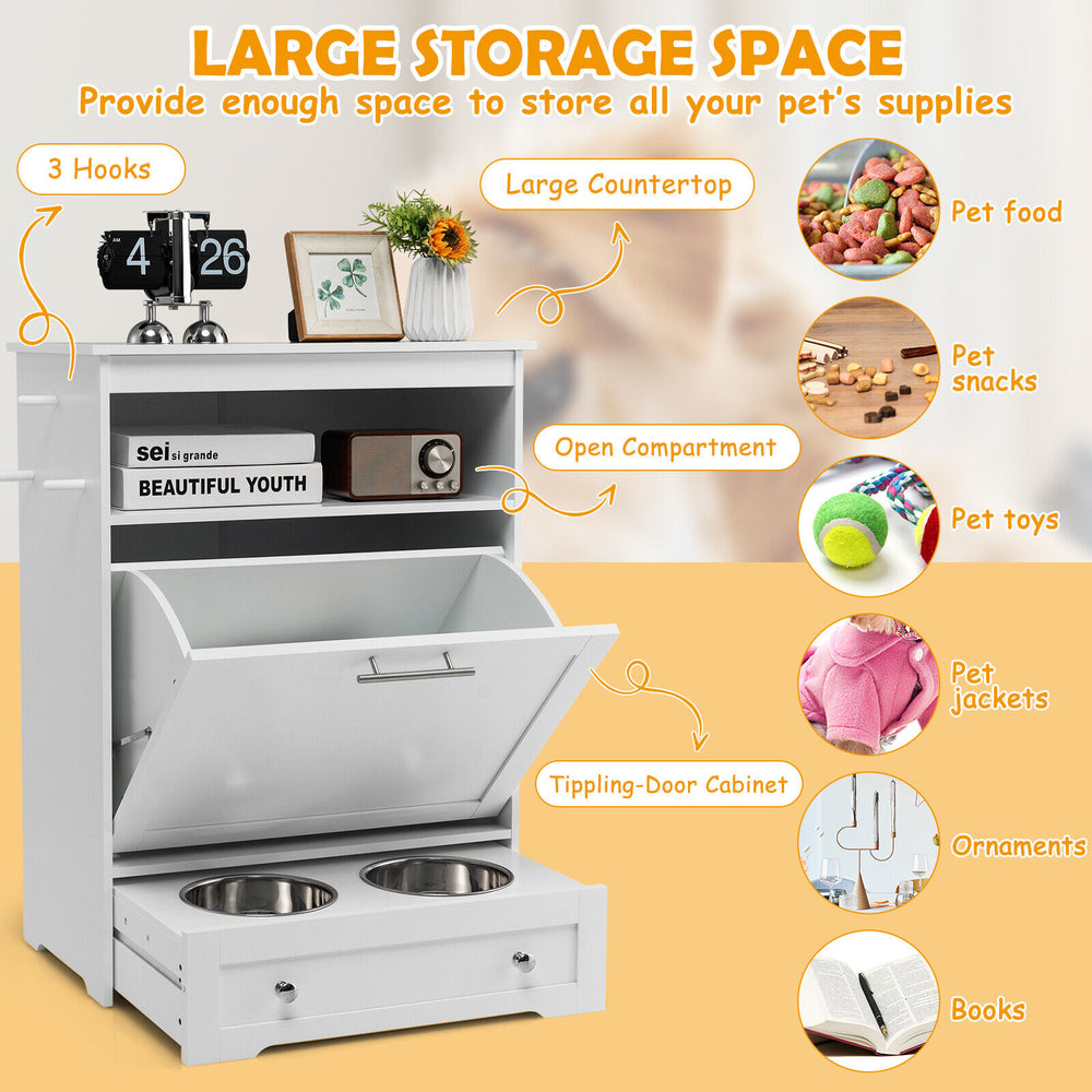 Pet feeder station in white with stainless steel bowls, storage cabinet, and hooks for organizing pet supplies.