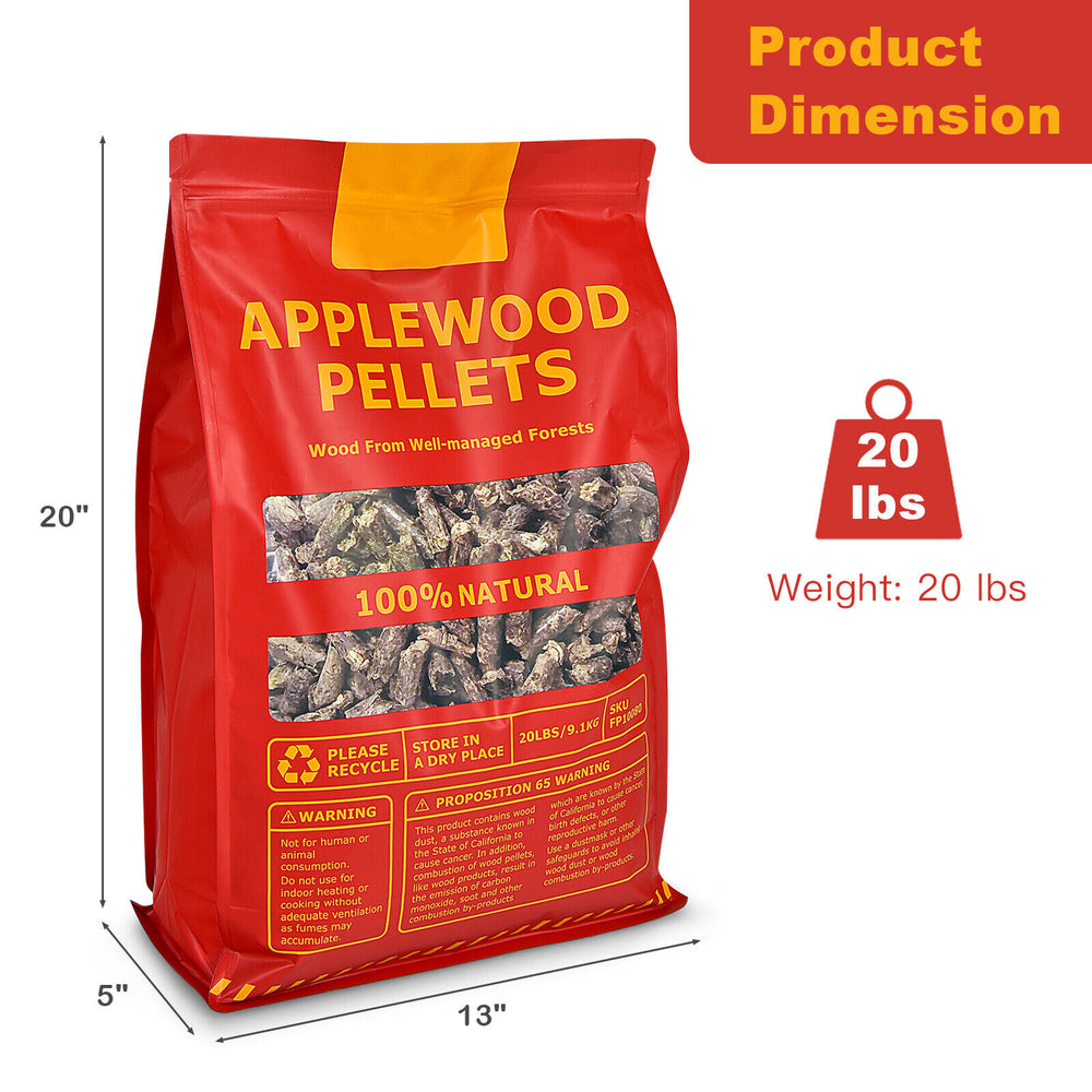 20-pound bag of 100% natural apple wood pellets for pellet grills, ideal for adding fruity flavor to grilled foods.