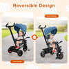 Reversible baby tricycle with convertible seat in blue, showing face inside and face outside configurations.