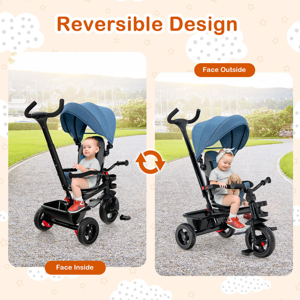 Reversible baby tricycle with convertible seat in blue, showing face inside and face outside configurations.
