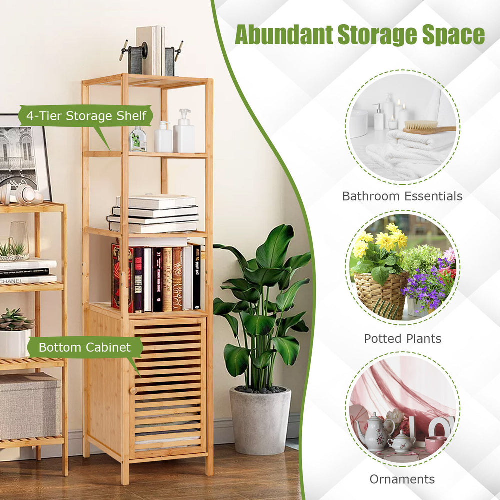 Slim bamboo floor storage cabinet with four tiers, shutter door, and anti-toppling device for compact bathroom.