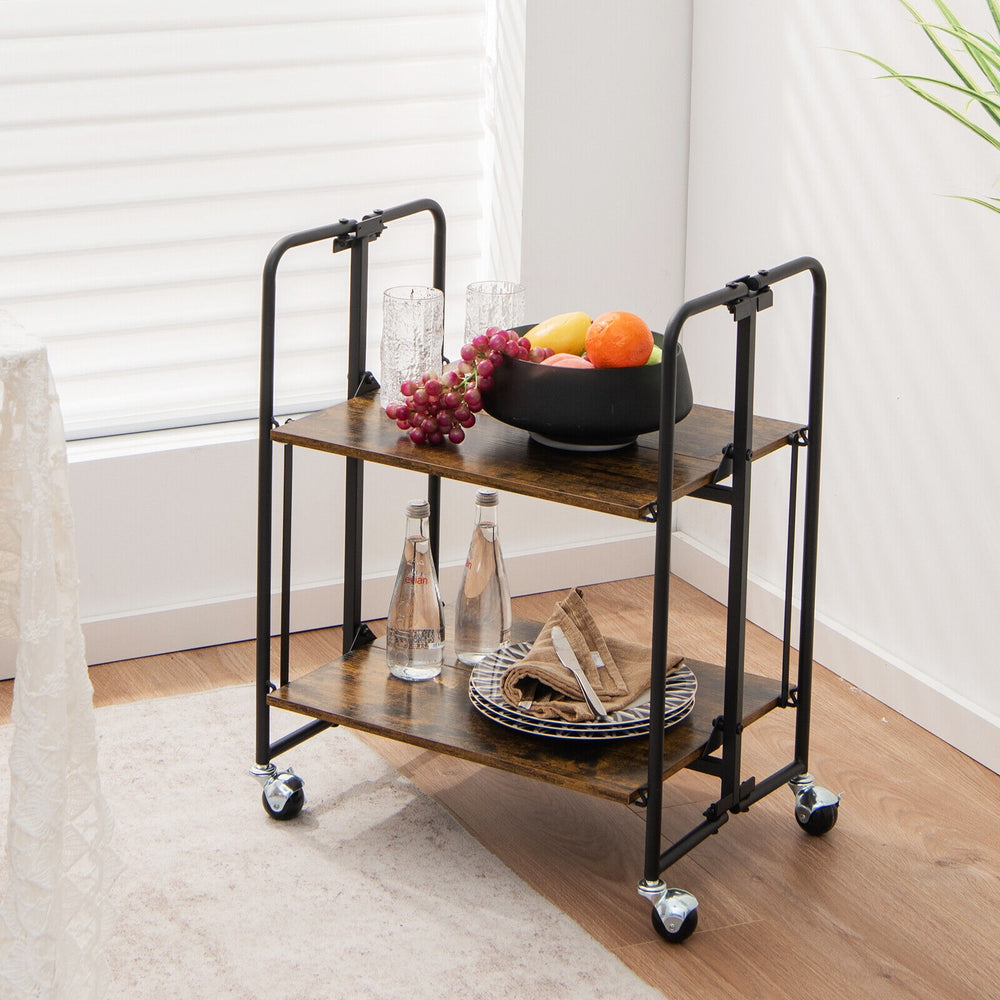 Folding rolling cart with a sturdy metal frame, featuring a rustic wood finish, perfect for versatile storage and.