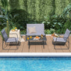 4-piece metal patio furniture chat set with tempered glass coffee table, ideal for outdoor relaxation by the pool.
