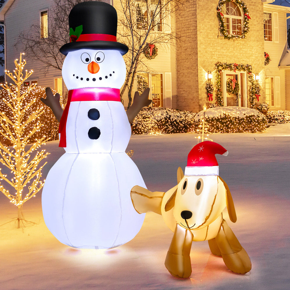 6-foot inflatable snowman and dog set with LED lights, perfect for festive outdoor Christmas decoration.