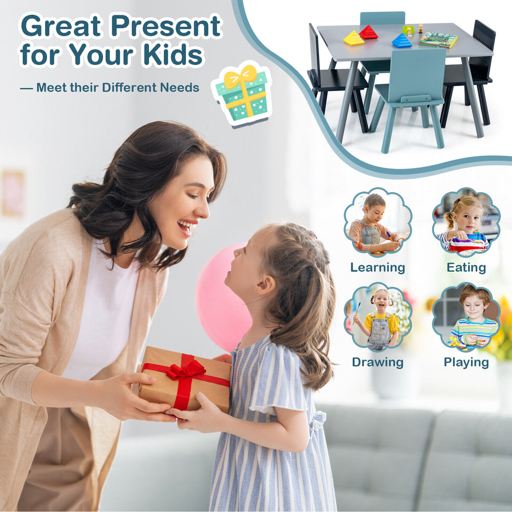 5-piece kids wooden activity play furniture set in blue, featuring ergonomic chairs and a large tabletop for creative.