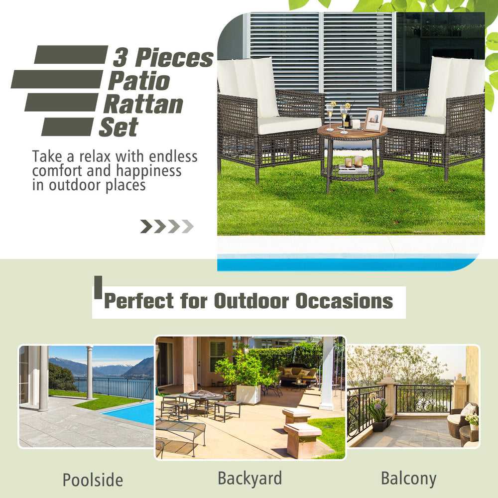3-piece patio rattan furniture set with cushioned sofas and wood table top, perfect for outdoor relaxation by the.