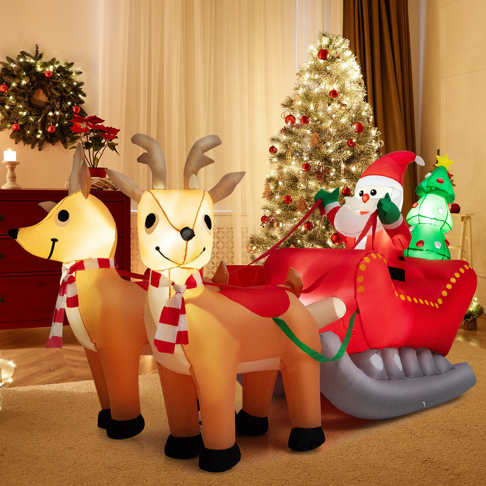 Inflatable Santa on sled with 2 reindeer, 7.2 feet long, featuring LED lights for festive outdoor decoration.