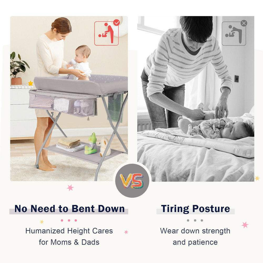 Baby changing table in gray with safety belt, ergonomic height, and ample storage for convenient diaper changes.