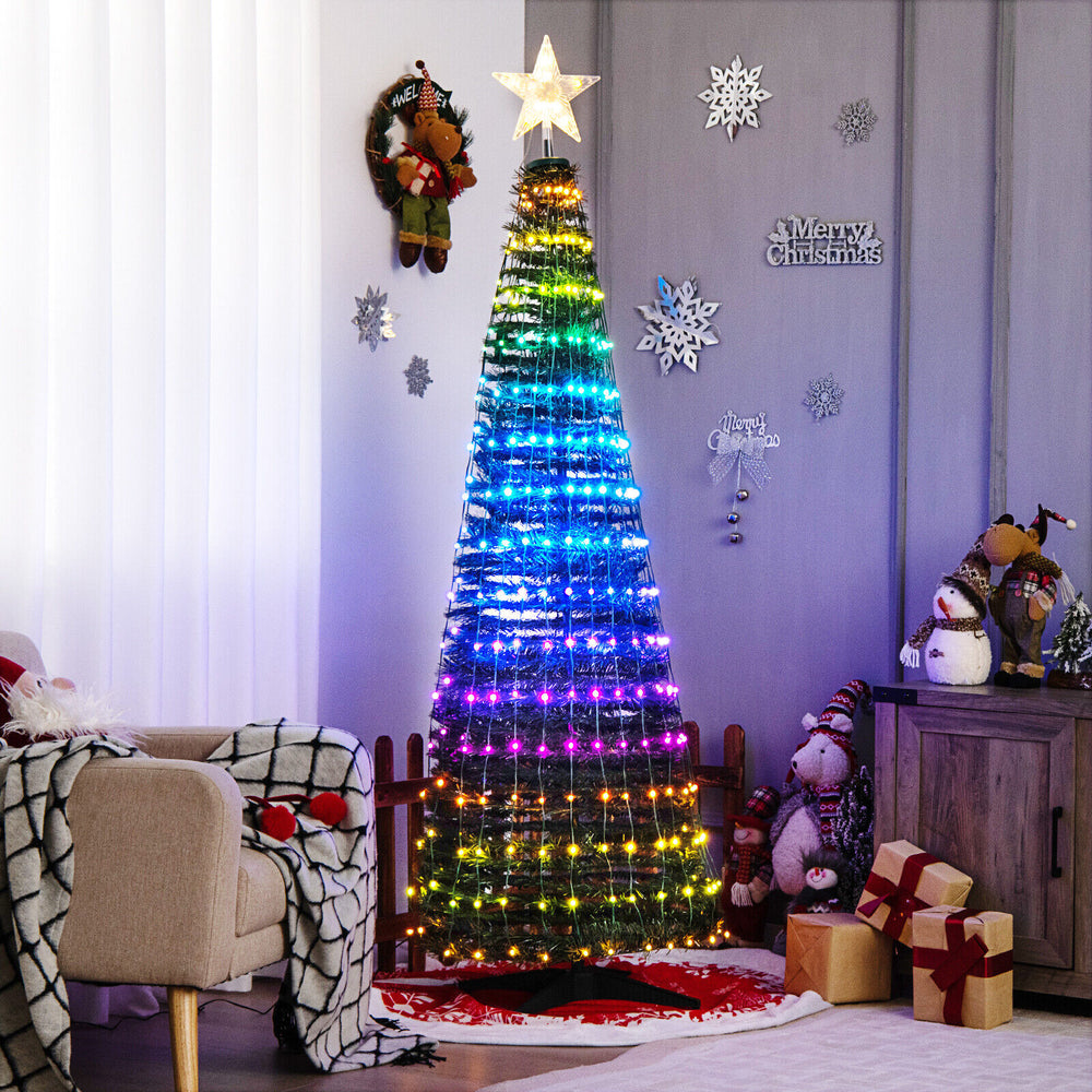 Colorful 6.2 feet pop-up lighted Christmas tree with 282 RGB LED lights for festive indoor or outdoor decoration.