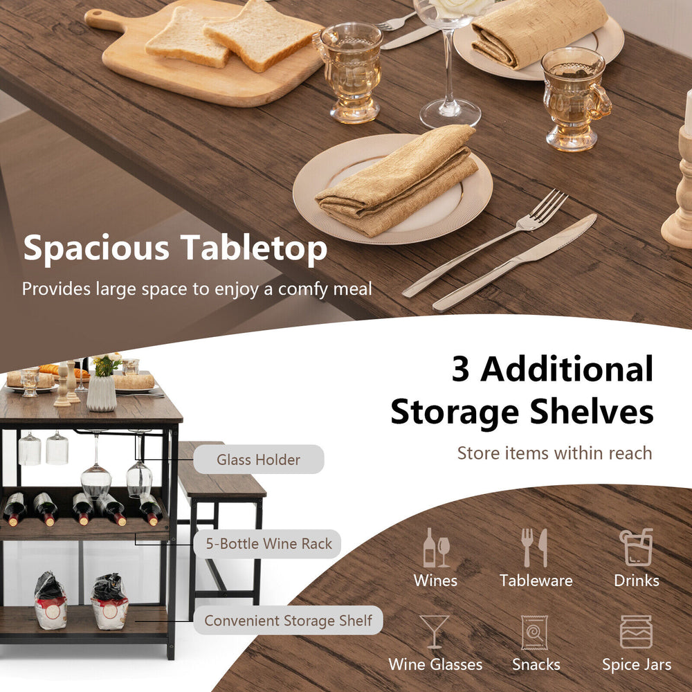 Rectangular dining table set for 4 with wine rack, featuring spacious tabletop and 3 additional storage shelves.