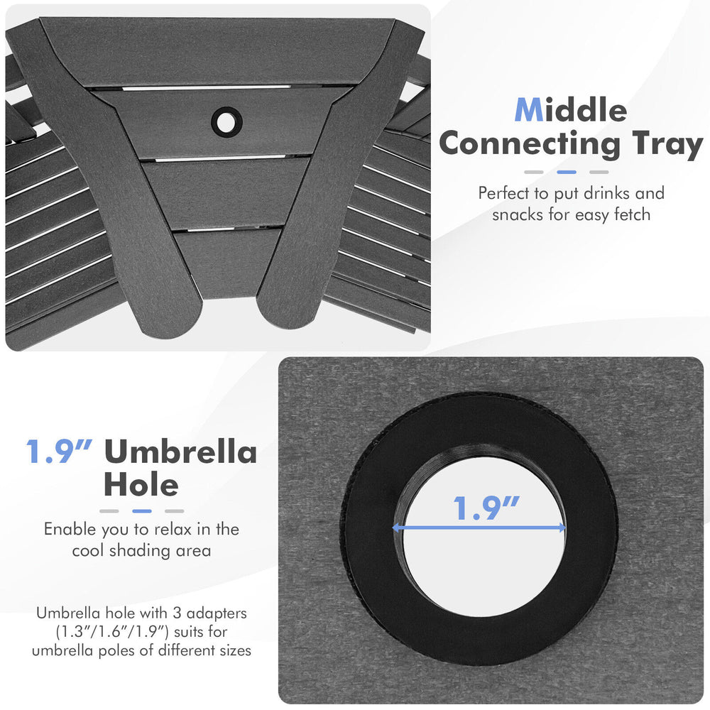 Middle connecting tray of gray HDPE Adirondack chair, featuring a 1.9" umbrella hole for shade and convenience.