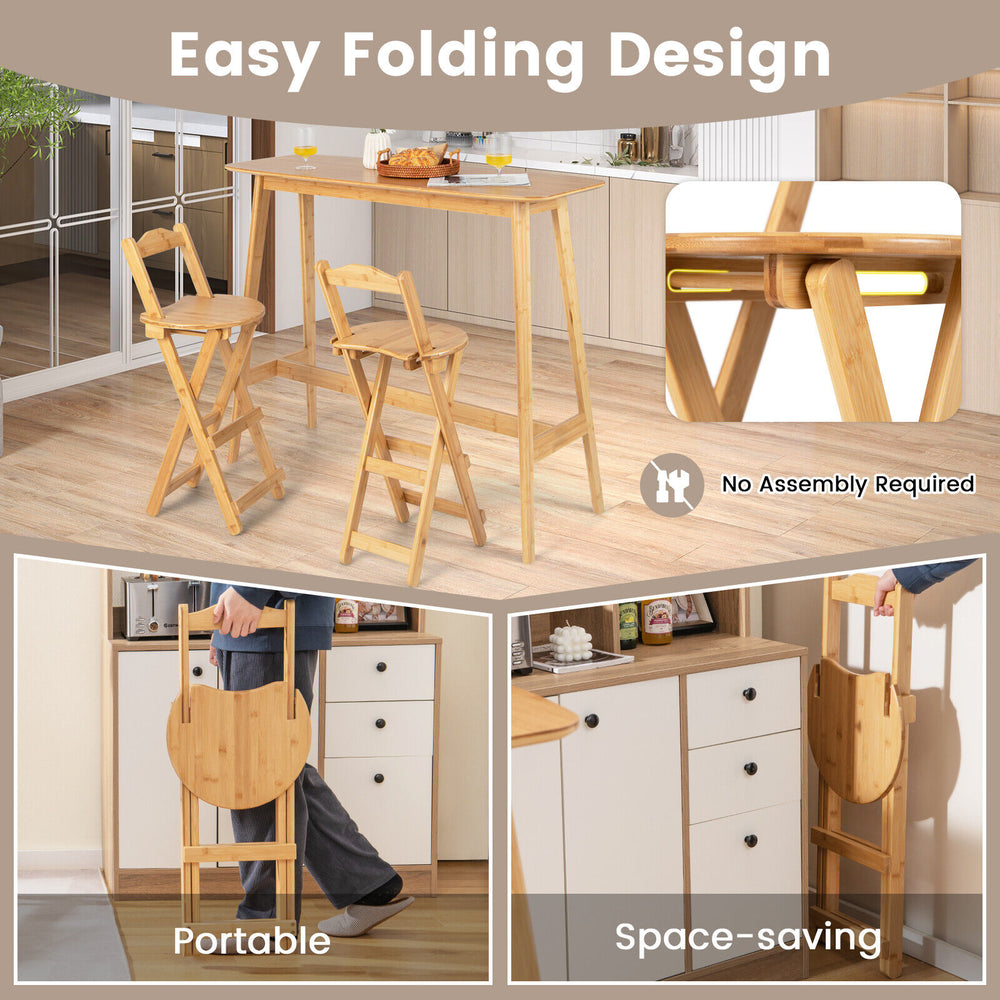 Bamboo folding barstools with footrests and handles, showcasing easy folding design for space-saving and portability.
