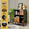 Industrial buffet sideboard in rustic brown with cubbies and drawers, featuring metal hinges and splayed legs for.