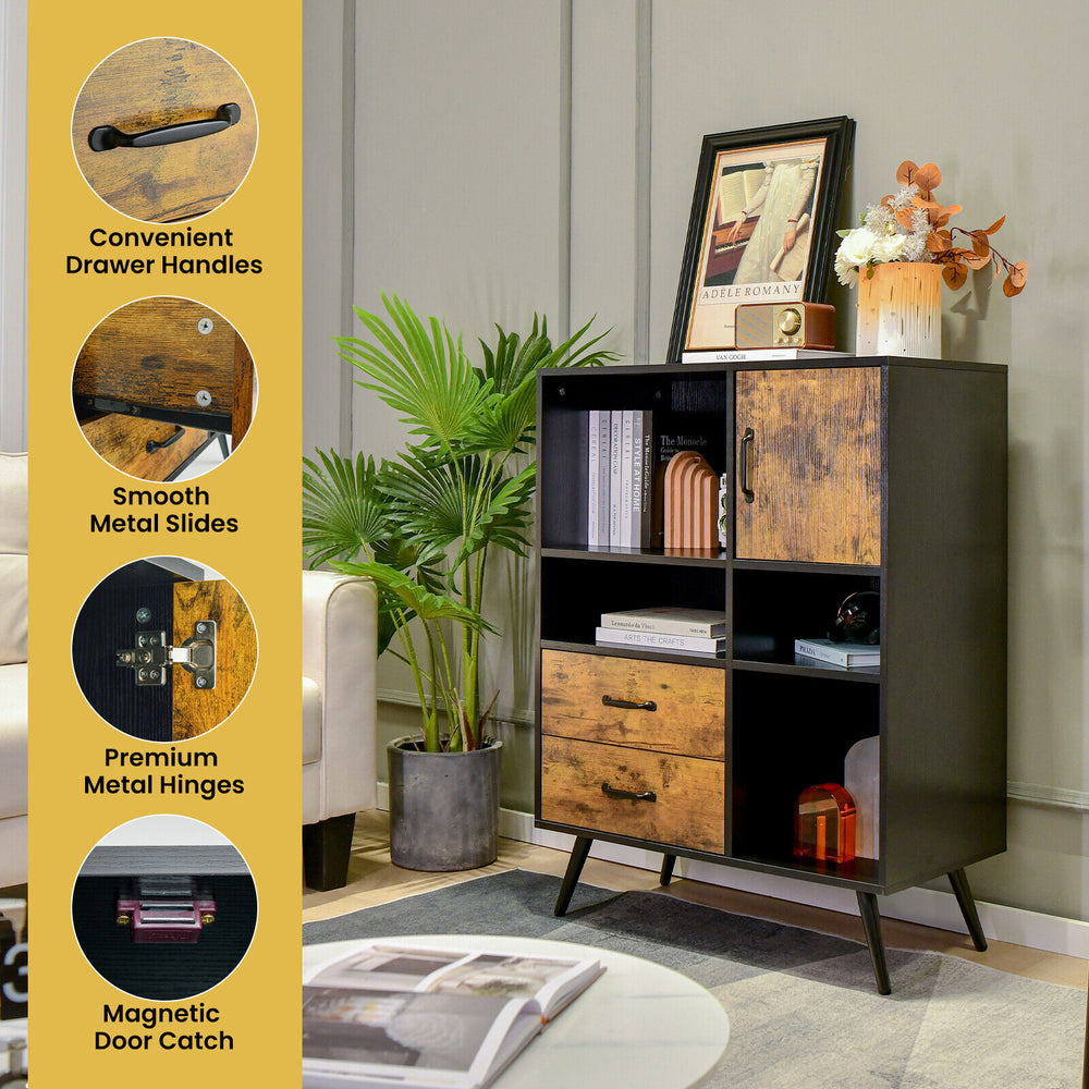 Industrial buffet sideboard in rustic brown with cubbies and drawers, featuring metal hinges and splayed legs for.