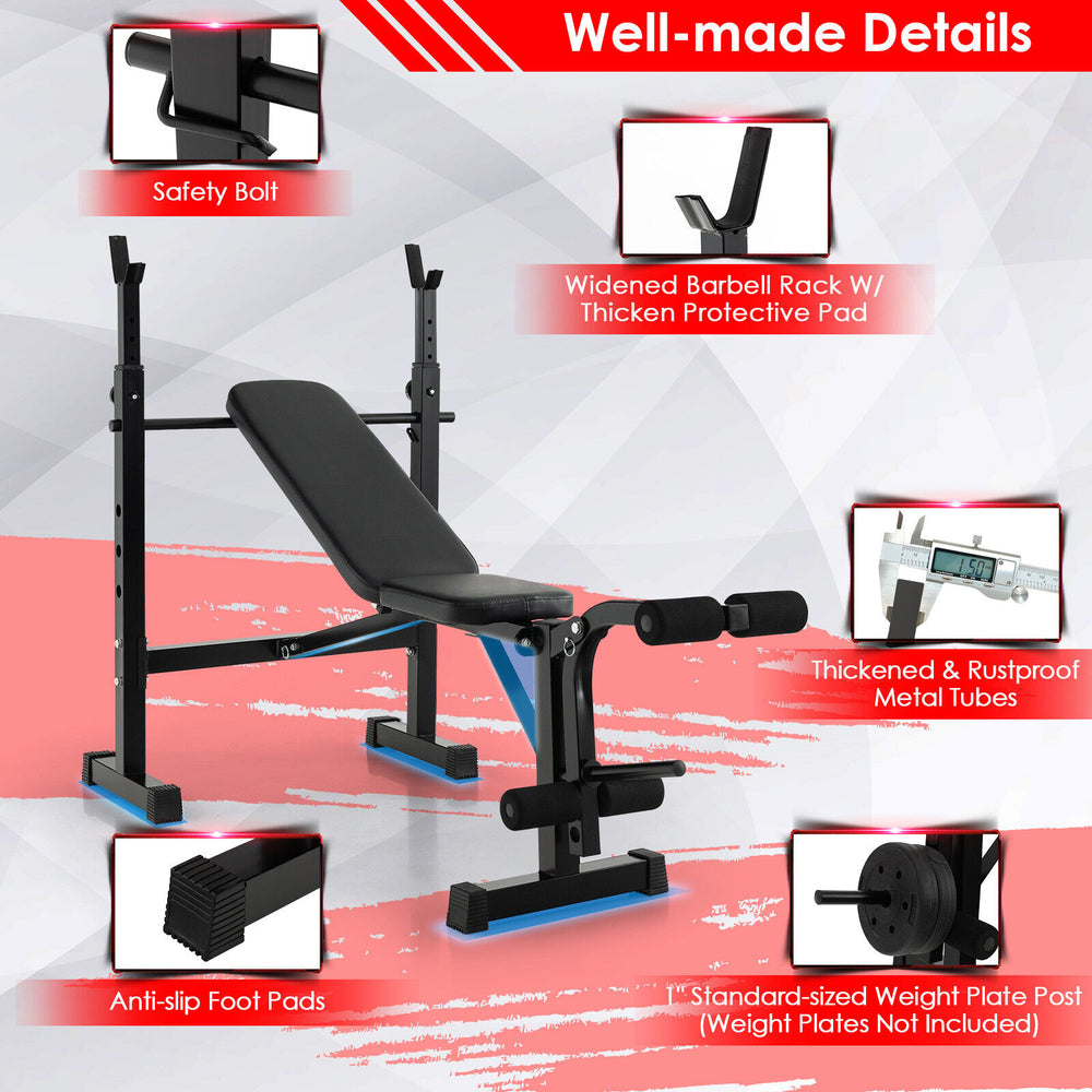 Adjustable weight bench with barbell rack, featuring thick foam padding and anti-slip foot pads for stability and.