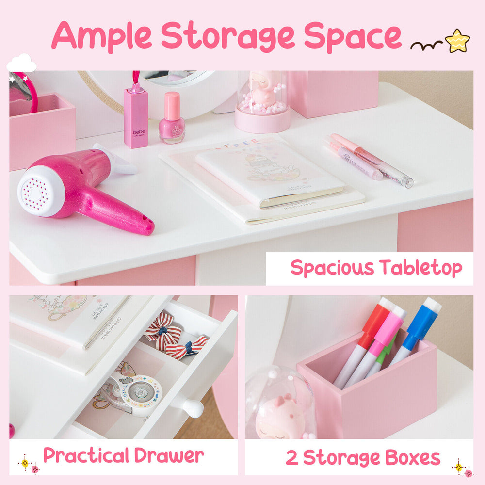 Kids vanity set featuring a spacious tabletop, 360° rotatable mirror, and practical drawer for organized play.
