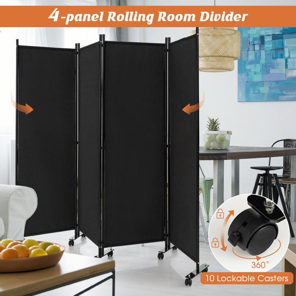 4-panel black folding room divider with lockable wheels, ideal for privacy in home, office, or dormitory spaces.
