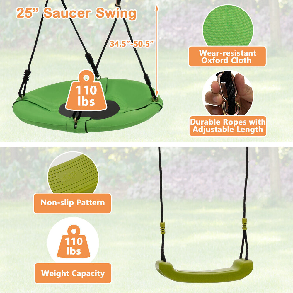 25-inch saucer swing made of wear-resistant oxford cloth, adjustable height, supports 110 lbs, ideal for outdoor fun.