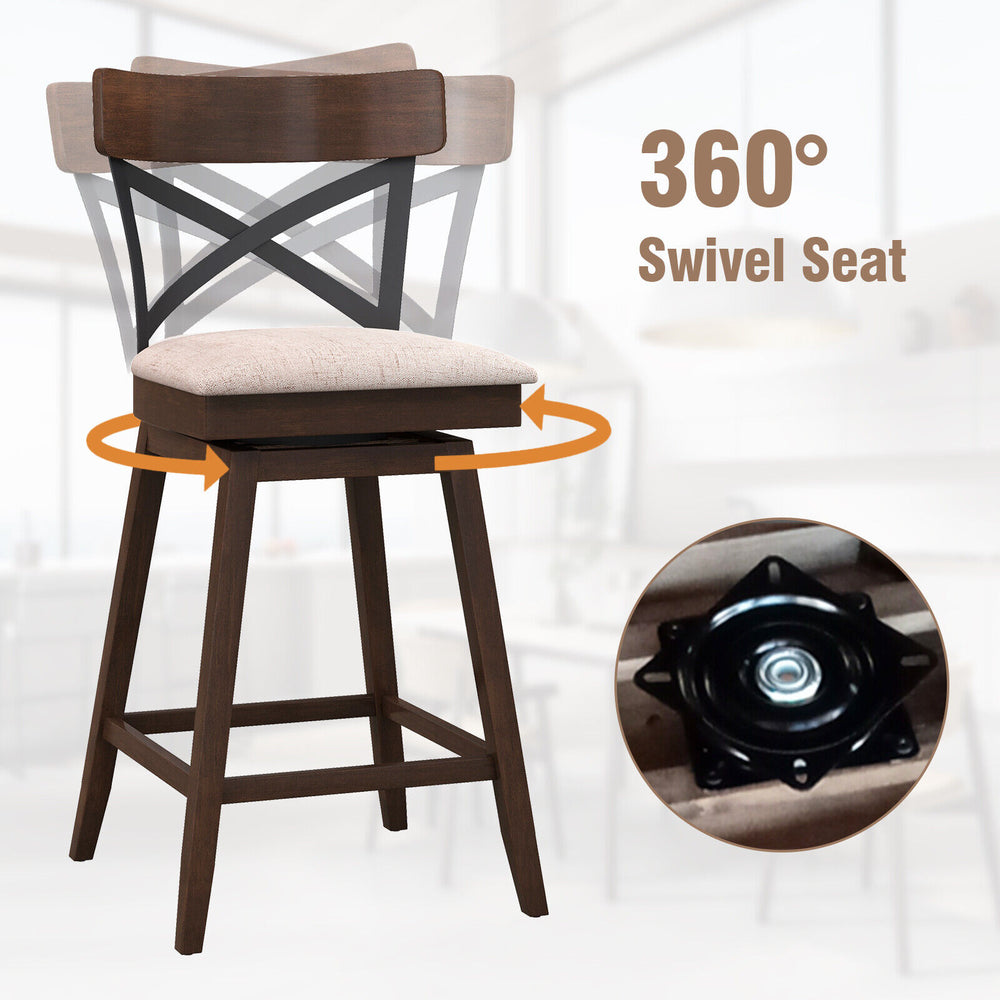 Wooden swivel bar stool with cushioned seat and open X back, featuring 360° swivel for kitchen island or home bar use.