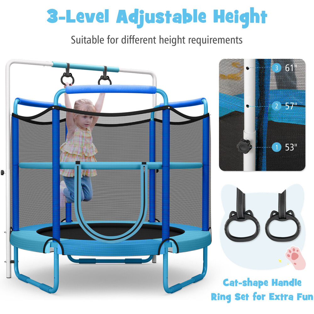 5ft kids trampoline with adjustable height bar, cat-shape rings, and safety net for indoor and outdoor fun.