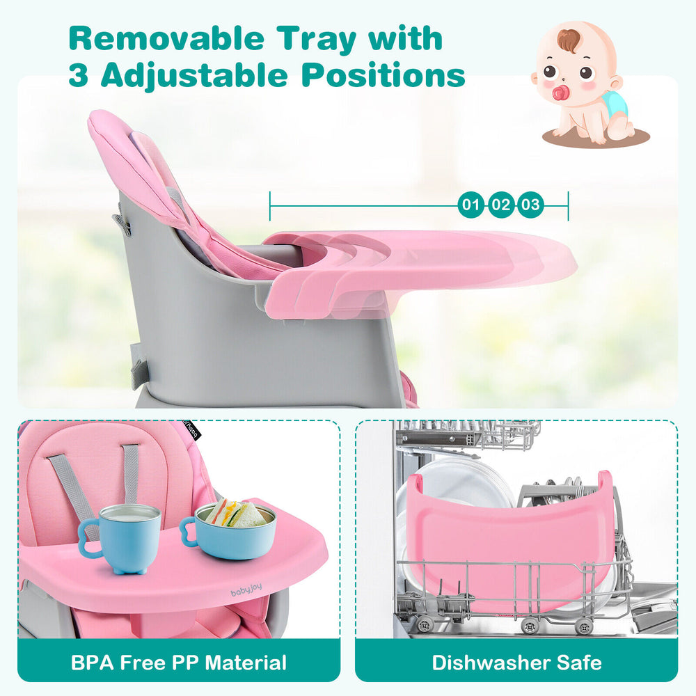 Removable pink tray with three adjustable positions for the 6-in-1 convertible baby high chair, made of BPA-free PP.