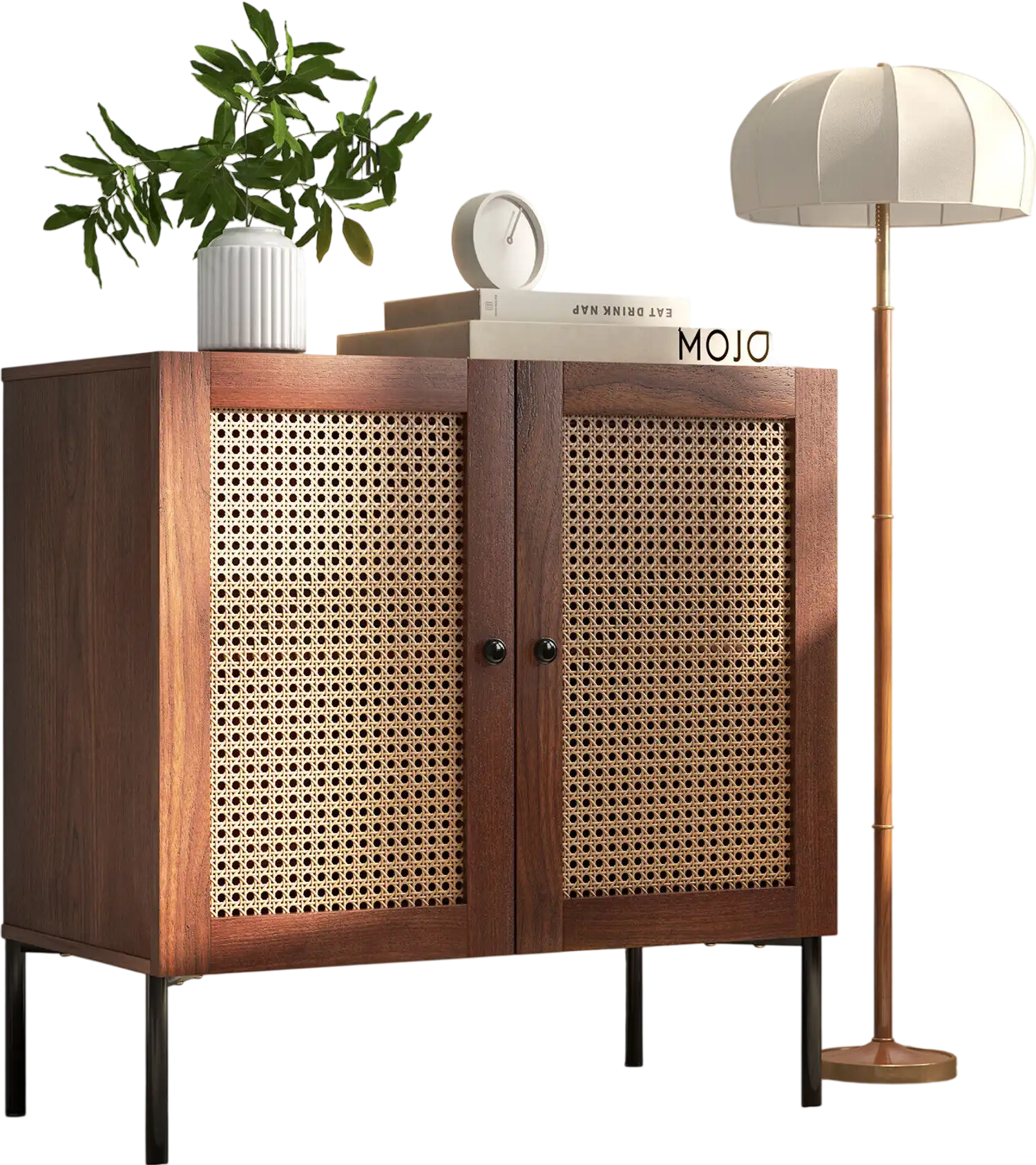 Costway Kitchen Sideboard Buffet Cabinet 2 Rattan Doors Adjustable Shelf Walnut 72389615 New