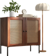 Walnut kitchen sideboard with 2 rattan doors, adjustable shelf, and metal legs, perfect for living room or dining room.